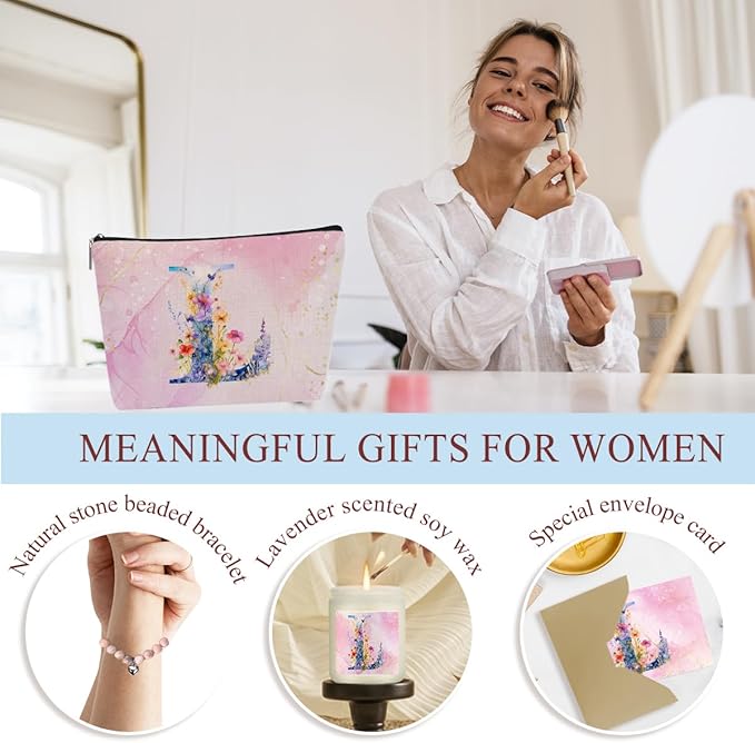 Personalized Gifts Monogrammed Birthday Gifts for Women, Mama New Mom Thanksgiving Wedding Christmas Initial Wine Tumbler Makeup Bag Scented Candle Bracelet 6 Set, (Aesthetic Pink Flower L)