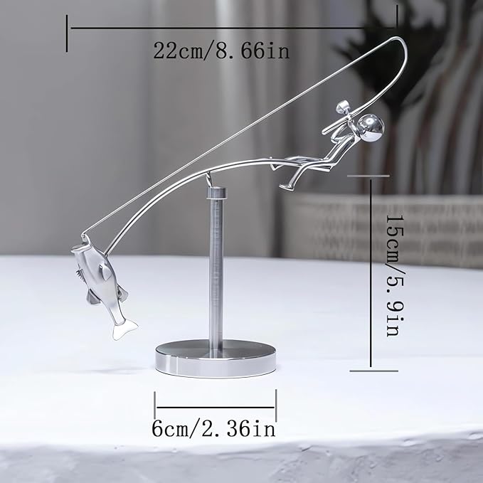 Kinetic Fishing Sculpture - Balance Art for Your Space, Fisherman Kinetic Balancing Desk Toy Fishing Physics Sculpture for Home Office Art Deco, Stainless Steel Balance Physics Toy (1pcs)