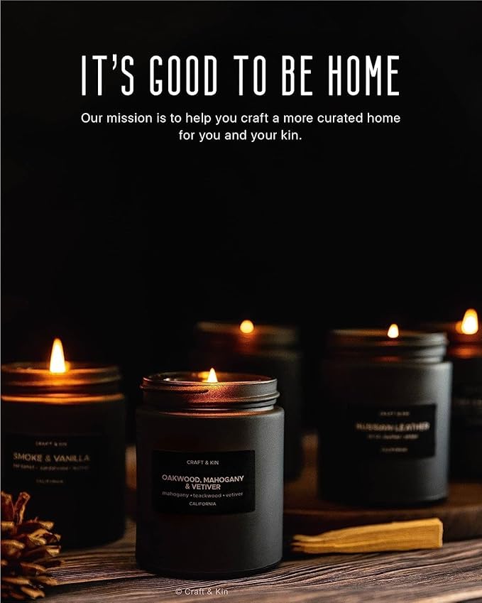 Craft & Kin Premium Oakwood, Mahogany & Vetiver Candle | Black Fall Scented Candles for Men | Long Lasting with 45 Hour Burn Time, 7.6oz | Made with Fall Soy Candles | Aromatherapy at Home