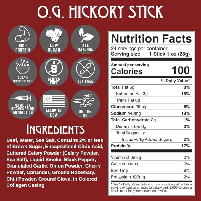 Righteous Felon Meat Sticks | 100% Beef Sticks | Gluten Free & Keto Meat Sticks | Low Sugar & High Protein Beef Sticks | Healthy Snack for Adults | Jerky Gifts for Men | OG Hickory, 24 Pack