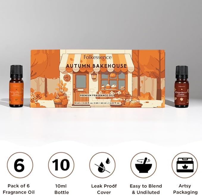 Folkulture Essential Oils for Home | Set of 6 (0.34 fl oz x 6) Fall Essential Oils or Diffuser Oil for Relaxation | Pumpkin Spice, Vanilla Essential Oil or Fall Scents | Fall Essentials for Women