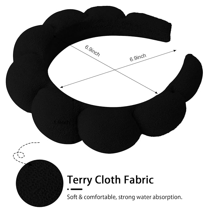 WHAVEL 3 Pack Spa Headband Skincare Headbands, Makeup Headband Sponge Terry Cloth Headbands Face Wash Headband Puffy Hair Band for Washing Face Women Girls (Black)