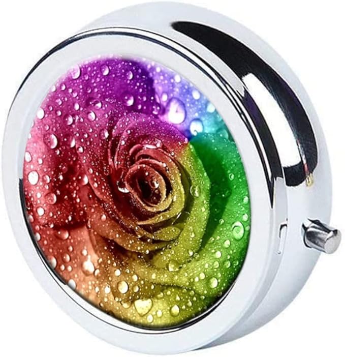 Colorful Rose with Water Drop Pill Box Purse Pocket Small Round Silver Pill Case Decorative Box Metal Medicine Vitamin Pill Organizer Portable Unique Gift