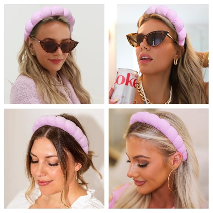 Spa Headbands for Washing Face or Makeup, Sponge Bubble Skincare Headbands, Puffy Terry Cloth Hairband for Women, Skin Care Makeup Headwear Hair Accessories for Girls(Purple)