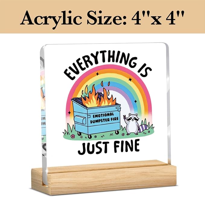 Emotional Support Dumpster Fire Mental Health Decor Motivational Funny Coworker Gifts for Women Men, Therapy Office Acrylic Sign With Wooden Decoration for Bedroom Dorm Apartment Accessories Decor