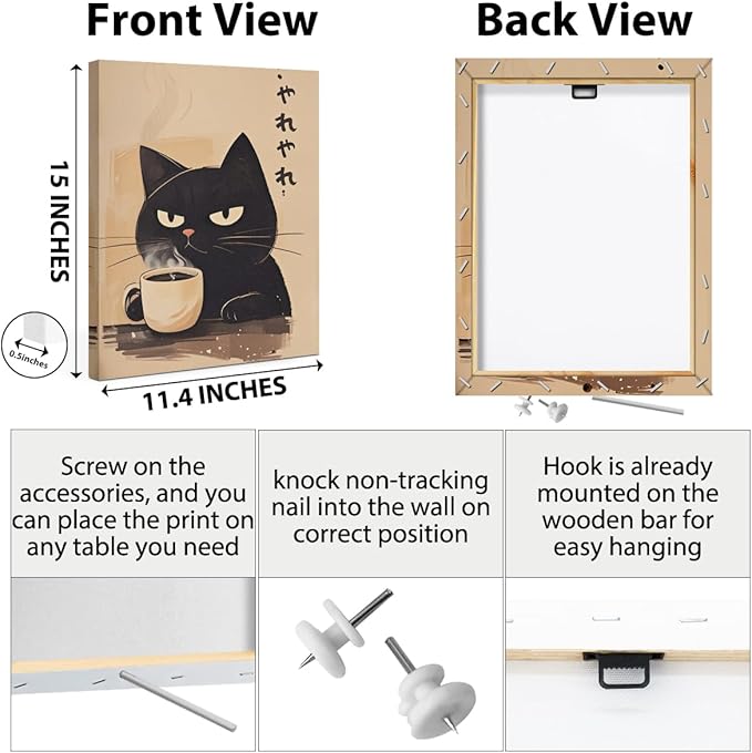 Cute Cat Canvas Wall Art, Minimalist Japanese Cat Drink Coffee Canvas Wall Art, Posters Trendy paintings Aesthetic Decoration, Artwork for Walls Home Living Room Restaurant Kitchen Coffee Bar Decor