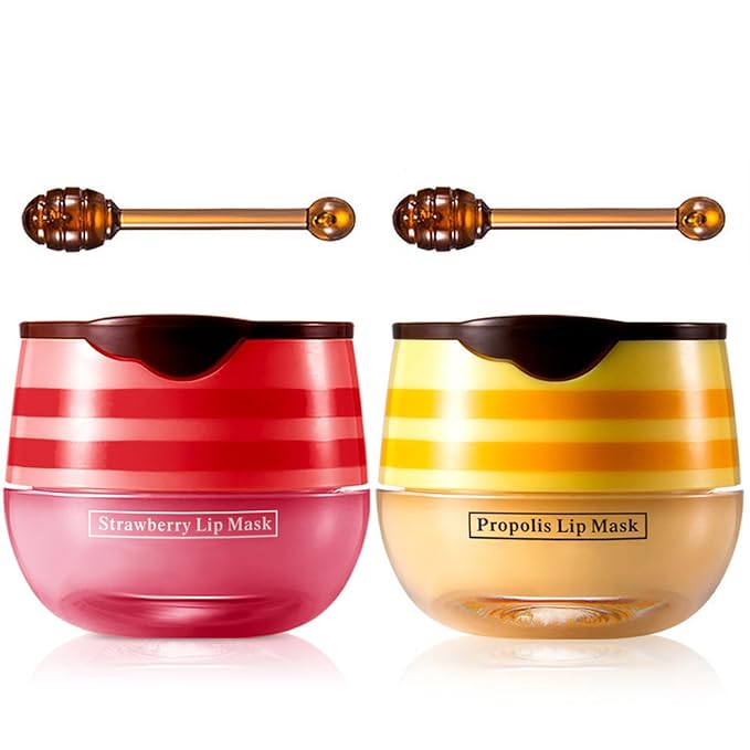 Honey & Strawberry Lip Balm Lip Mask, Hydrate Repair Prevent Dry Cracked Lip, Effective Reduces Lip Lines, Vitamin E Moisturizing Propolis Sleeping Lip Care