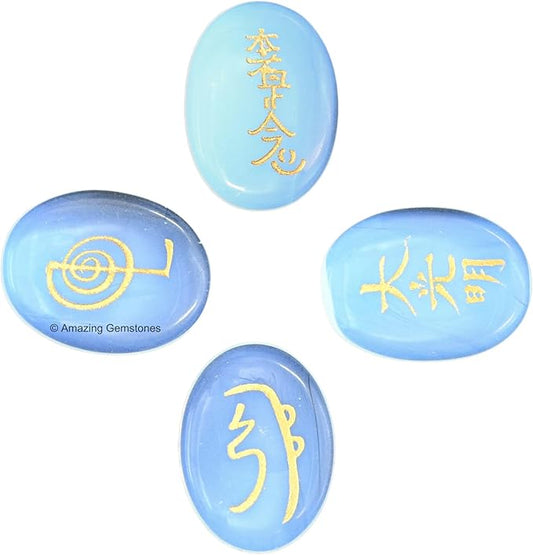 Amazing Gemstone Opalite Crystal Reiki Stones with Engraved Symbols for Usui Reiki Healing, Set of 4 Pcs (Indian Handmade Reiki Gift Set)