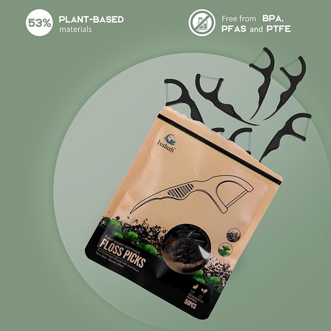 Plant Based Dental Floss Picks (300 Count) - Freshlock EcoPouch, Plant Based, Vegan, Eco Friendly, Sustainable Dental Flossers - Twin Floss (Charcoal)