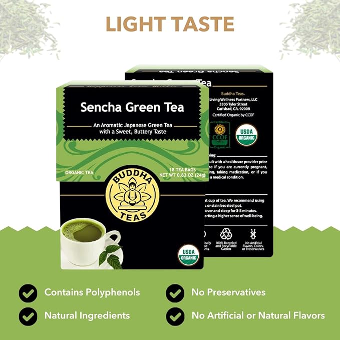 Buddha Teas - Organic Sencha Green Tea - For Health & Wellbeing - Japanese Green Tea - With Antioxidants & Minerals - Clean Ingredients - Caffeinated - OU Kosher & Non-GMO - 18 Tea Bags (Pack of 1)