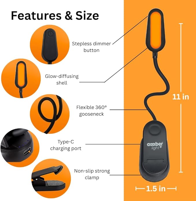 Amber Light + Giftable Amber Book Light - Blue Light Blocking - Night Reading Booklight Store. Rechargeable. 1600K for Reading in Bed at Night. Perfect as a Giftable Kindle Light and LED Book Light.