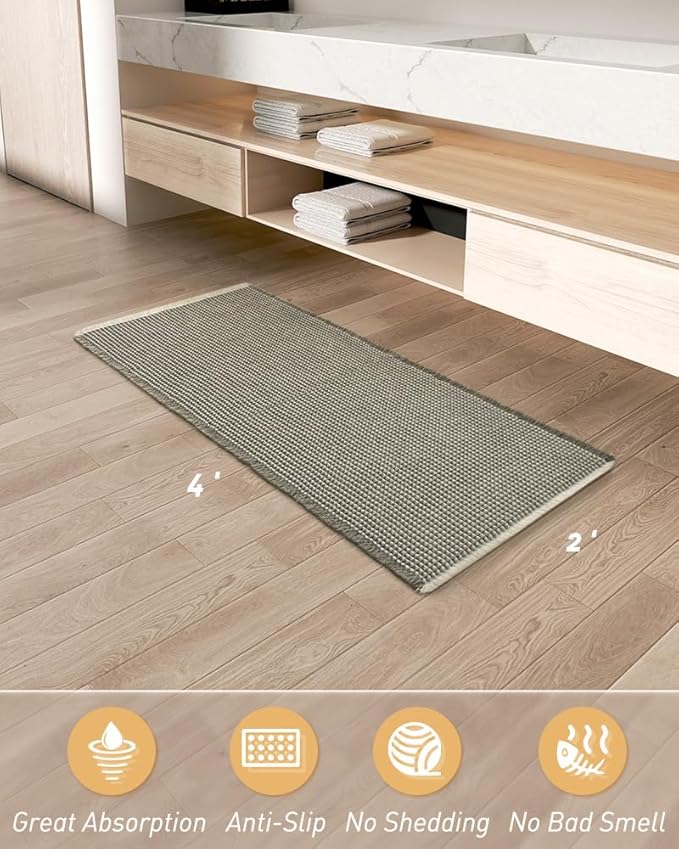 AMOAMI Upgraded Waffle Runner Rug Super Absorbent Non Slip Bath Mats for Bathroom Machine Washable Bathroom Runner Rug with Tassels, Ideal for Hallway Bedroom Laundry Room, 2' x 4', Green & Cream