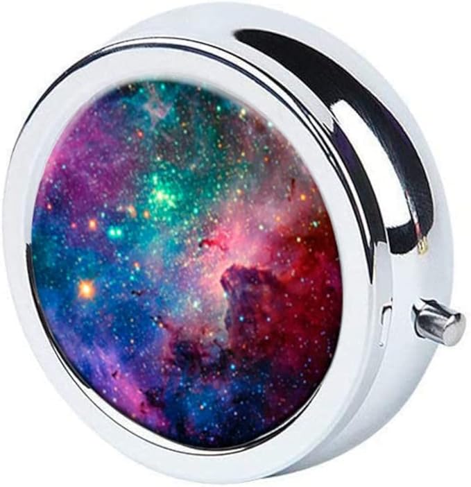 Generoc Galaxy Space Universe Pill Box Purse Pocket Small Round Silver Pill Case Decorative Box Metal Medicine Vitamin Pill Organizer Portable Unique Gift