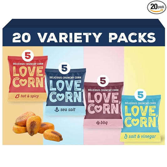 LOVE CORN Fab Four - Sea Salt, BBQ, Salt & Vinegar, Hot Spicy 0.7oz x 20 Delicious Crunchy Corn Healthy Family Snacks Gluten Free, Kosher, NON-GMO Alternative for Chips, Nuts, Crackers Pretzels