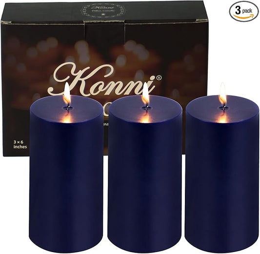 KONNI Navy Blue Pillar Candles Set of 3, 3"x 6" Unscented Pillar Candles Bulk, 56 Hours Long Burning Candles, Smokeless&Dripless Large Round Candle for Wedding, Home Decoration, Parties, Spas, Dinner