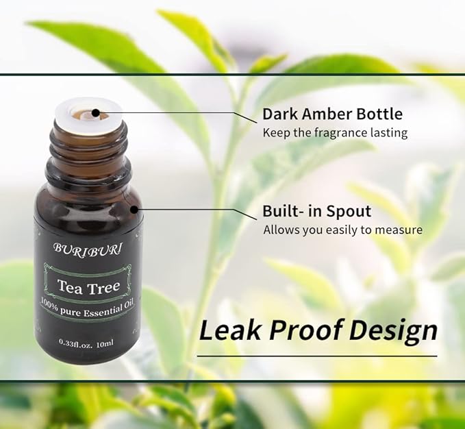 BURIBURI Tea Tree Essential Oil, 100% Pure, Undiluted, Natural Tea Tree Oil Aromatherapy Essential Oils 10ml for Diffuser, Massage