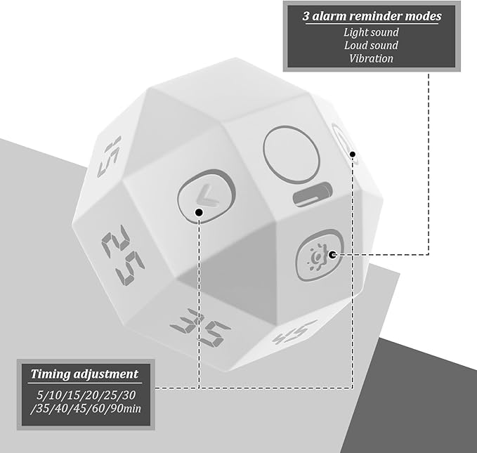Flip Gravity Timer - 12-Side Time Management Cube with Preset Intervals, Silent Productivity Tool for Office, Study & Gym, Portable Focus Timer (White)