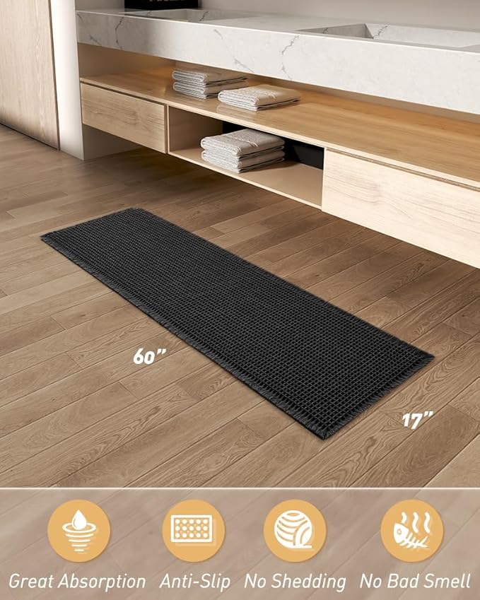 AMOAMI Upgraded Waffle Runner Rug Super Absorbent Non Slip Bath Mats for Bathroom Machine Washable Bathroom Runner Rug with Tassels, Ideal for Hallway Bedroom Laundry Room, 17" x 60", Black