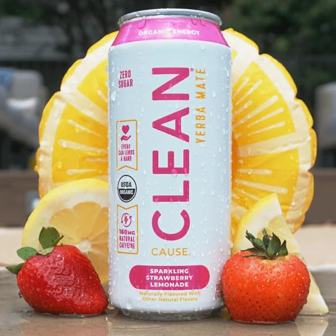 NEW CLEAN Cause Zero Sugar Strawberry Lemonade Yerba Mate Tea Sparkling, USDA Organic Energy Drink Alternative, Zero Calorie, 160mg Natural Caffeine, Soda Alternative (16oz cans, 12-Pack Case)