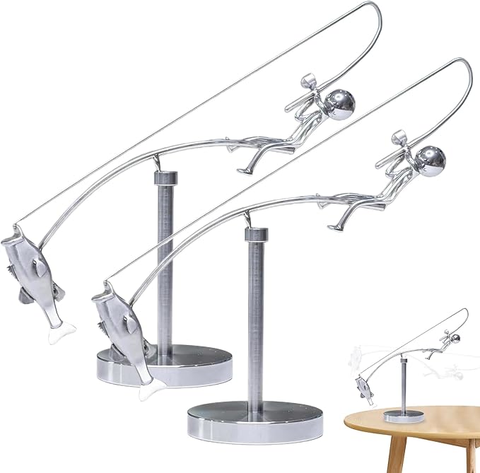 Kinetic Fishing Sculpture, Balance Art for Your Space, Metal Fishing Statue Home Office Desktop Ornament for Home Office Art Deco-B