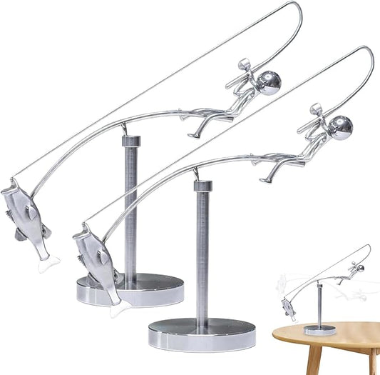 Kinetic Fishing Sculpture, Balance Art for Your Space, Metal Fishing Statue Home Office Desktop Ornament for Home Office Art Deco-B