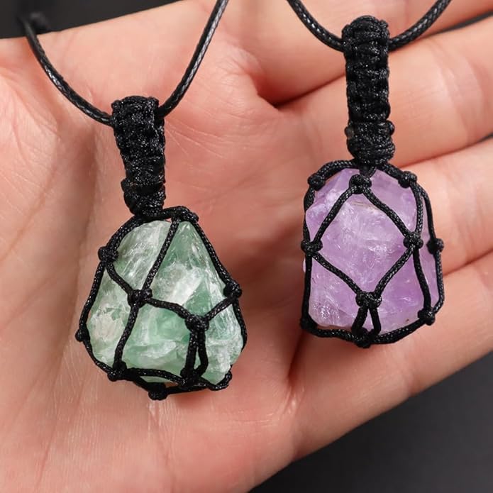 Handmade Natural Gemstone Crystal Pendant Necklace Stone Holder Necklace Cord Net Necklace with Adjustable Length for Women Men