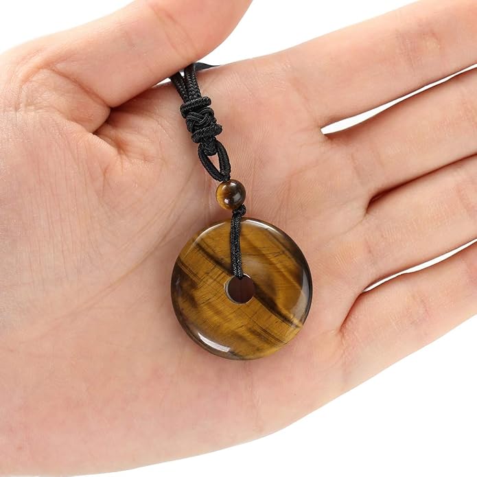 Jovivi 30mm Circle Donut Healing Crystals Necklace Natural Semi-Precious Chakra Gemstone Stone Amulet Lucky Coin Donuts Charm Protection Quartz Reiki Pendant Necklace for Men Women Adjustable Rope