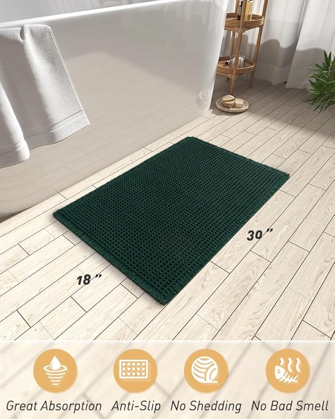 AMOAMI Upgraded Waffle Bath Mat, Super Absorbent Non Slip Bath Mats for Bathroom Floor, Machine Washable Bathroom Rugs with Tassels, Rubber Backed Bathroom Mats, Ultra Soft, 18" x 30", Dark Green