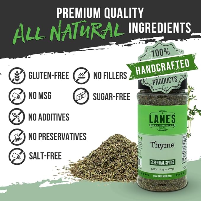 Lane's Fresh Thyme Seasoning, All-Natural Dried Thyme Spice Seasoning, A Dried Thyme Leaves Seasoning For Veggies & Soup, Made in USA, 2.75 Oz (77g)
