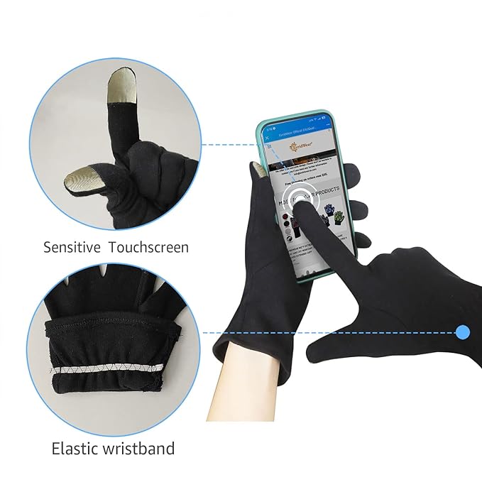 Evridwear 100% Cotton Touchscreen Moisturizing Beauty Gloves with Elastic Cuff, Natural Cosmetic Therapy Gloves for Eczema SPA Dry Hands Care Overnight (Black, Small) 2 Pairs