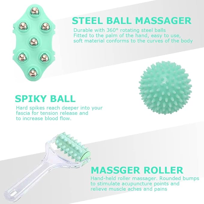 Foot Massage Ball & Foot Rollers 6 in 1 Set with Handheld Roller, Spiky Ball, Lacrosse Ball, Massage Roller, Steel Ball Massager for Relieve Plantar Fasciitis, Deep and Superficial