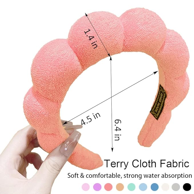 Spa Headbands for Washing Face or Makeup, Sponge Bubble Skincare Headbands, Puffy Terry Cloth Hairband for Women, Skin Care Makeup Headwear Hair Accessories for Girls(Orange Pink)