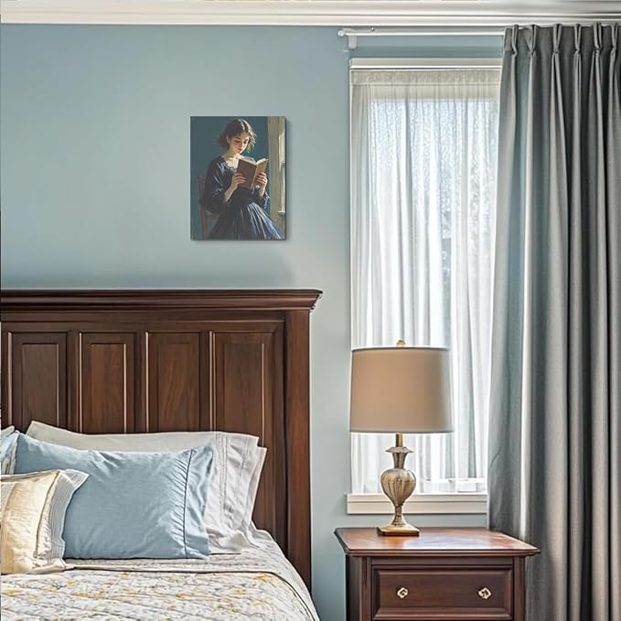 Classical Reading Woman Portrait Wall Art, Renaissance Style Vintage Oil Painting Canvas Framed Prints Decor, Retro Poster for Library Bedroom Book Shelf Living Room Entryway Aesthetic.