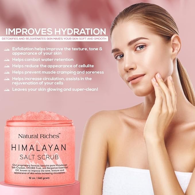 Natural Riches Himalayan Pink Salt Body Scrub, Exfoliating Salt Scrub for Women & Men, Deep Cleansing Body Exfoliant with Lychee & Bergamot Essential Oil – Natural Skin Polish for Smooth, Radiant Glow