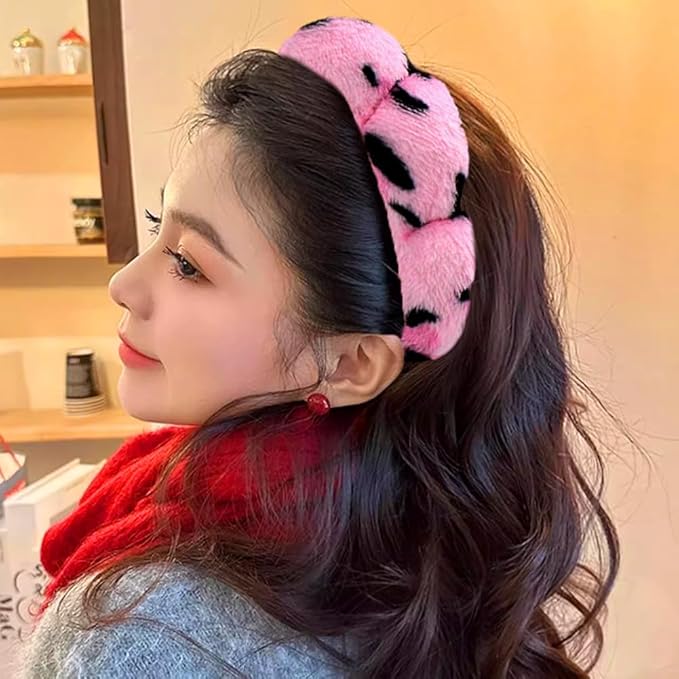 Spa Headbands for Washing Face or Makeup, Sponge Bubble Skincare Headbands, Puffy Terry Cloth Hairband for Women, Skin Care Makeup Headwear Hair Accessories for Girls (Leopard Pink)