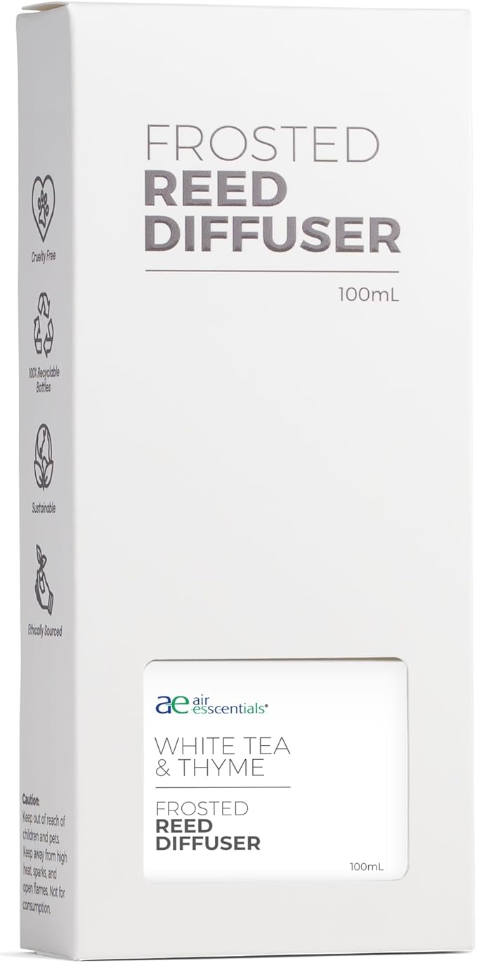 Air Esscentials Frosted White Tea & Thyme Reed Diffuser Set - Decorative Fragrance Diffuser & Oil for Bathroom & Home | Long-Lasting Aroma | Natural Scent Sticks | Essential Oils & Botanicals| 100mL