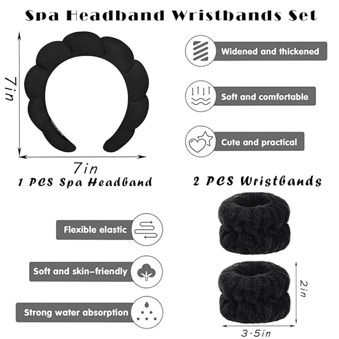 Spa Headbands for Washing Face Wristband Set Sponge Makeup Skincare Headband Wrist Towels Bubble Soft Terry Towel Cloth Hairband for Women Puffy Headwear Non Slip Thick Thin Hair Headwear (Black)