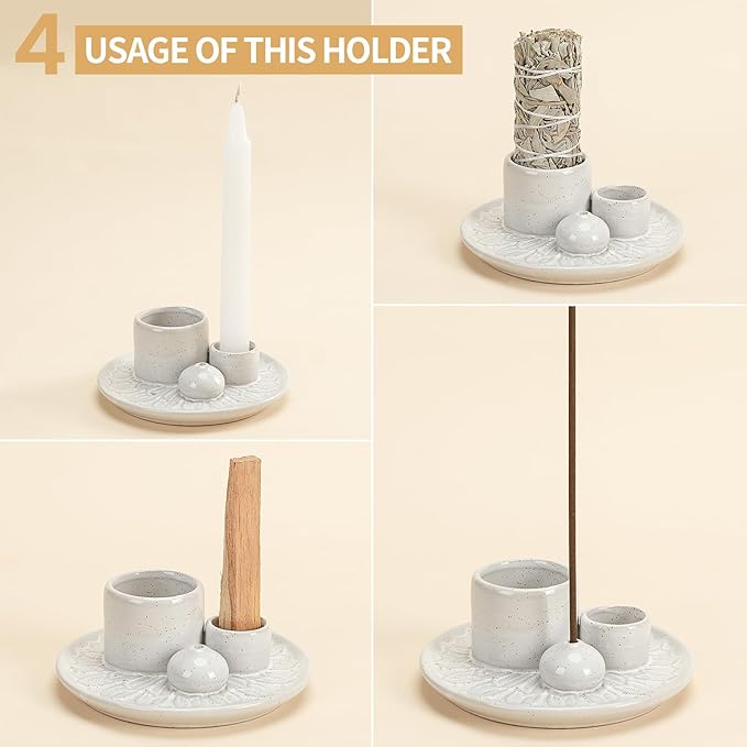 Palo Santo Sticks Holder, Multi-Purpose Handmade Ceramic Incense Burner for Palo Santo Incense Sticks, Sage Holder for Burning, Ash Catcher Tray for Meditation Yoga Room (Spotted White)