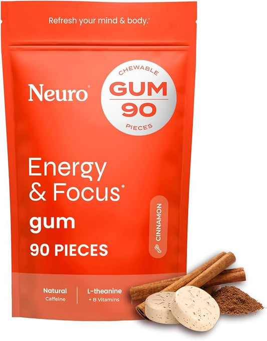 NeuroGum Energy Caffeine Gum (90 Pieces) - Sugar Free with L-theanine + Natural Caffeine + Vitamin B12 & B6 - Nootropic Energy & Focus Supplement for Women & Men - Keto & Vegan, Cinnamon Flavor