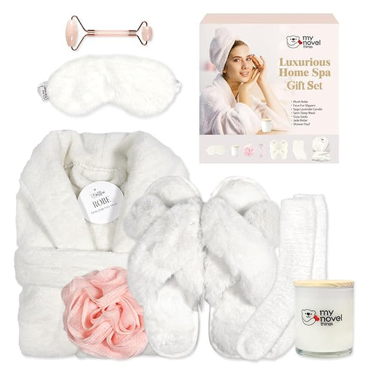 Birthday Gifts For Women, Bathrobe Set With Silky Satin Sleep Mask, Spa Robe and Slippers set, Scented Candle Self Care 7 Pack Set Suitable For Christmas Thanksgiven Day Beige