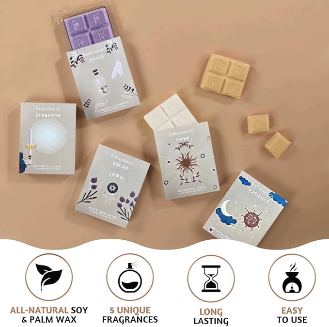 Folkulture Wax Melts or Wax Cubes | Set of 5 Scented Wax Melts for Fall Scents | 30 pc Easy to Use Candle Warmer Wax Melts for Fall Essentials | Lavender, Chamomile, Patchouli, Frankinsence