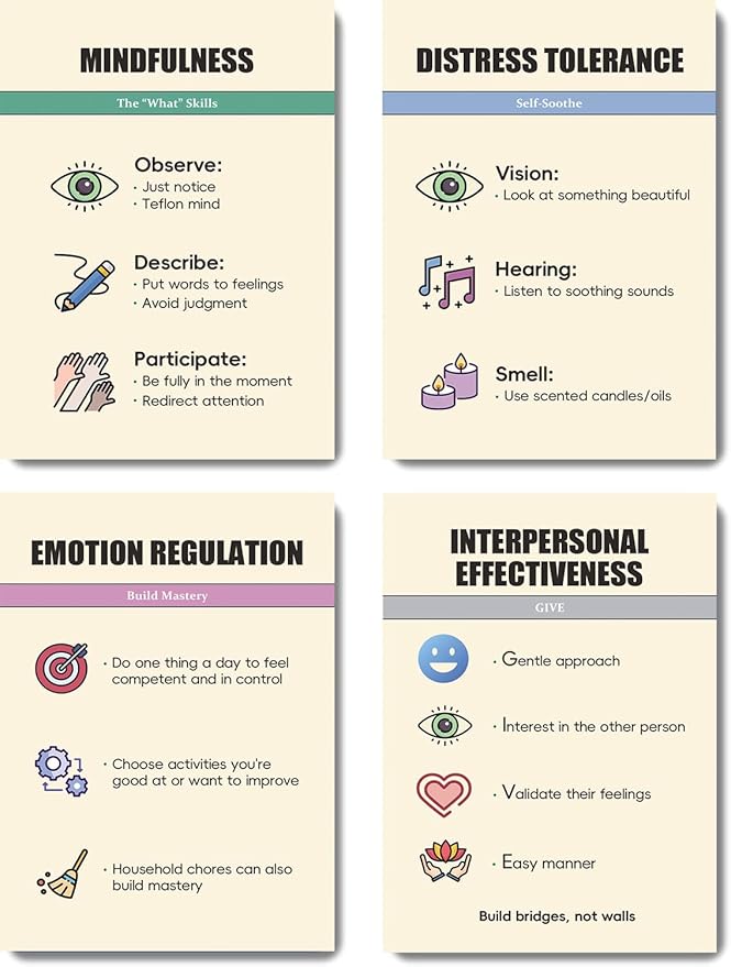 DBT Skills Cards – Dialectical Behavior Therapy Deck | Anxiety Coping Skills, DBT Affirmations, BPD Skills, Cognitive Distortions, Self-Care Tool for Mental Health - 20 DBT Cards