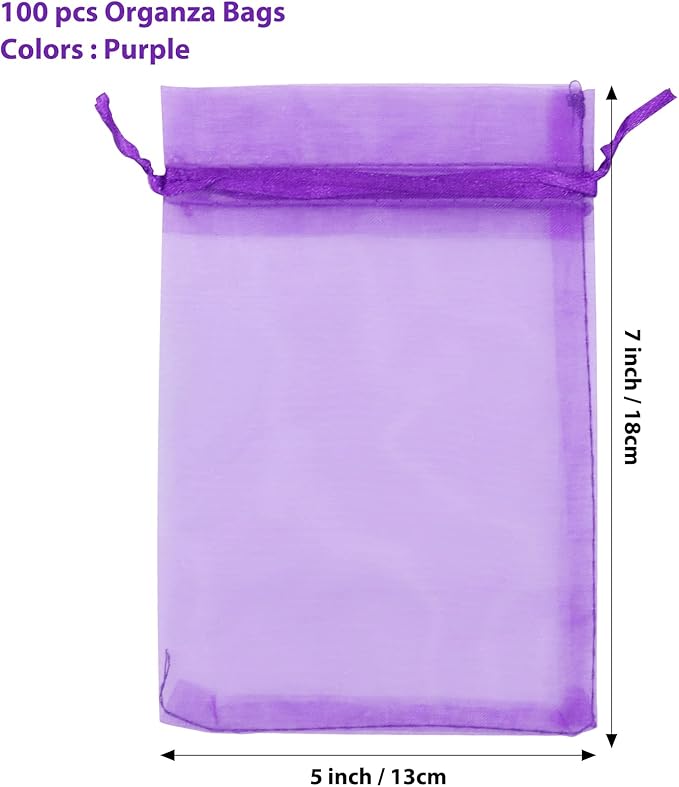 ANZNKU 100PCS Premium Purple Organza Bags 5x7 inches Mesh Bags Drawstring, Gift Bag Small Size for Halloween, Organza Favor Bag