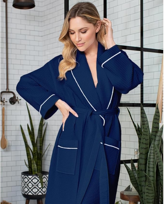 Lotus Linen Waffle Robes for Women - Lightweight Cotton Kimono Bathrobe - Long Soft Spa Bath Robe