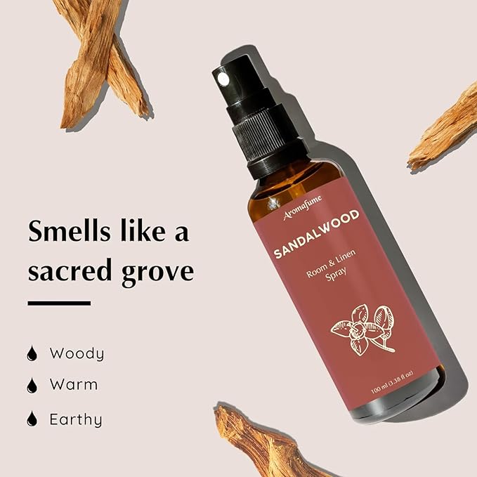 Aromafume Sandalwood Room, Linen & Pillow Spray 100ml/3.38 fl oz | with Pure Sandalwood Essential Oil | Aromatherapy Spray for Relaxation, Sleep & Stress Relief | Mist for Bedding, Fabrics