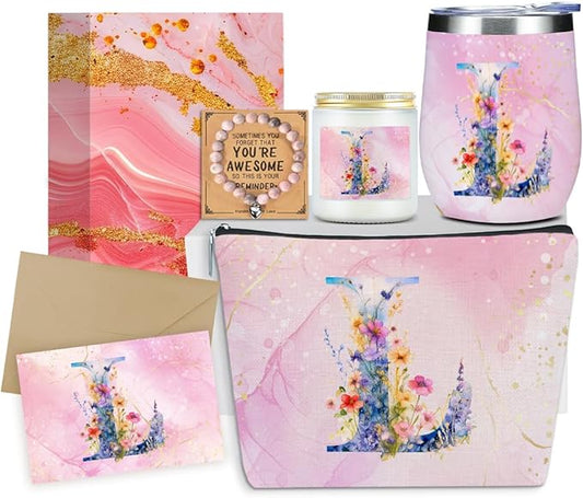 Personalized Gifts Monogrammed Birthday Gifts for Women, Mama New Mom Thanksgiving Wedding Christmas Initial Wine Tumbler Makeup Bag Scented Candle Bracelet 6 Set, (Aesthetic Pink Flower L)