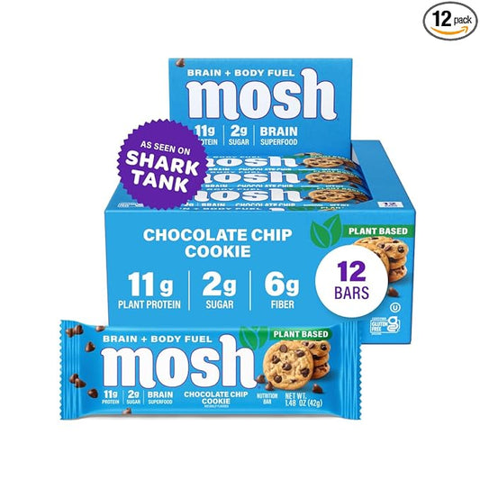 MOSH Chocolate Chip Cookie Vegan Protein Bars, Plant Based, Keto, Gluten Free, Brain Healthy Snack with Cognizin, Ashwagandha and Lion's Mane, 12 Count