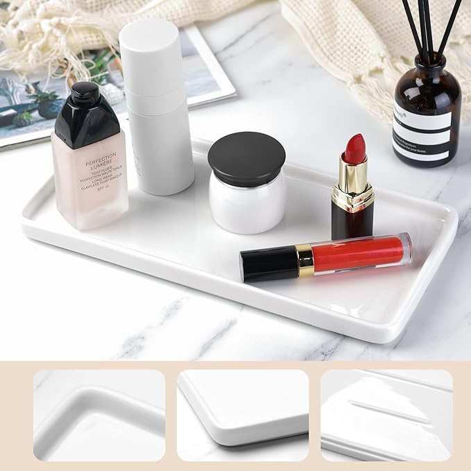 Gurygo 10" Ceramic Vanity Sink Tray for Bathroom Counter - Large Rectangle Kitchen Soap Tray - Ceramic Trays for Kitchen Counter, White