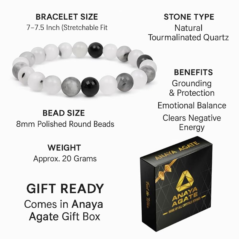 Black Rutilated Bracelet, Natural Healing Crystal Bracelet for Women and Men, 8mm Round Beaded Bracelet for Spiritual, Protection, Positive Energy, Elastic Adjustable Size Gemstone Bead Bracelet