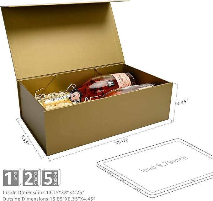 LIFELUM Empty Gift Boxes 1 Pack 13.85 x 8.35 x 4.45 inch Rectangle Collapsible Box with Magnetic Lid and Ribbon,Card,Shredded Paper Filler